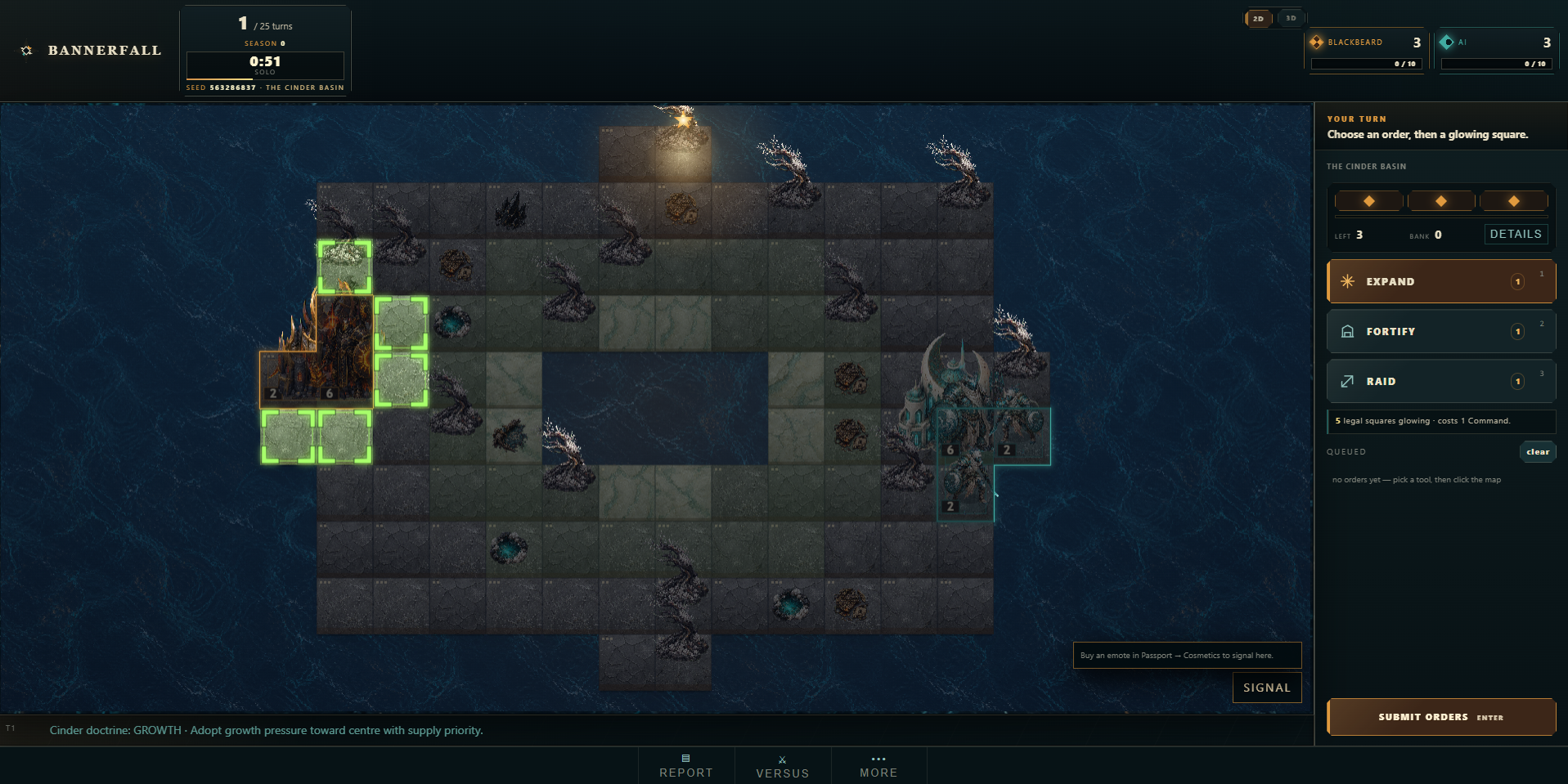 Turn one of a Bannerfall match with legal expansion squares glowing around the Emberward capital