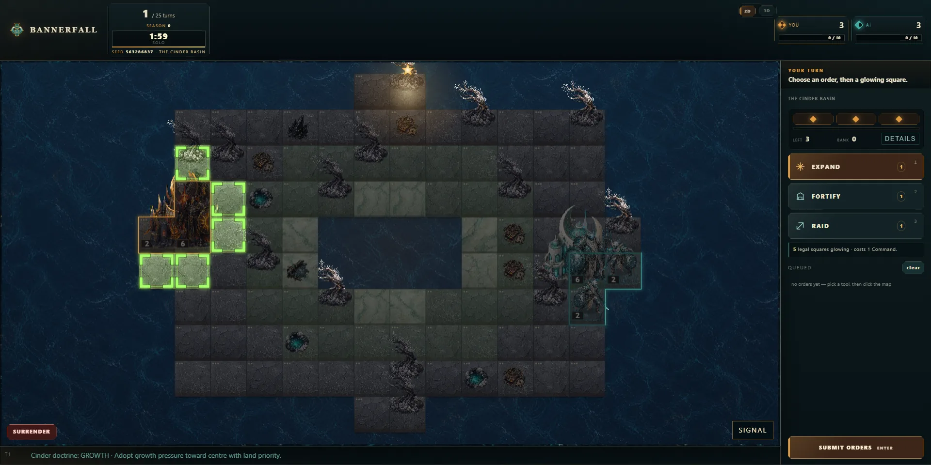 Expand selected with legal squares glowing on a current Bannerfall board